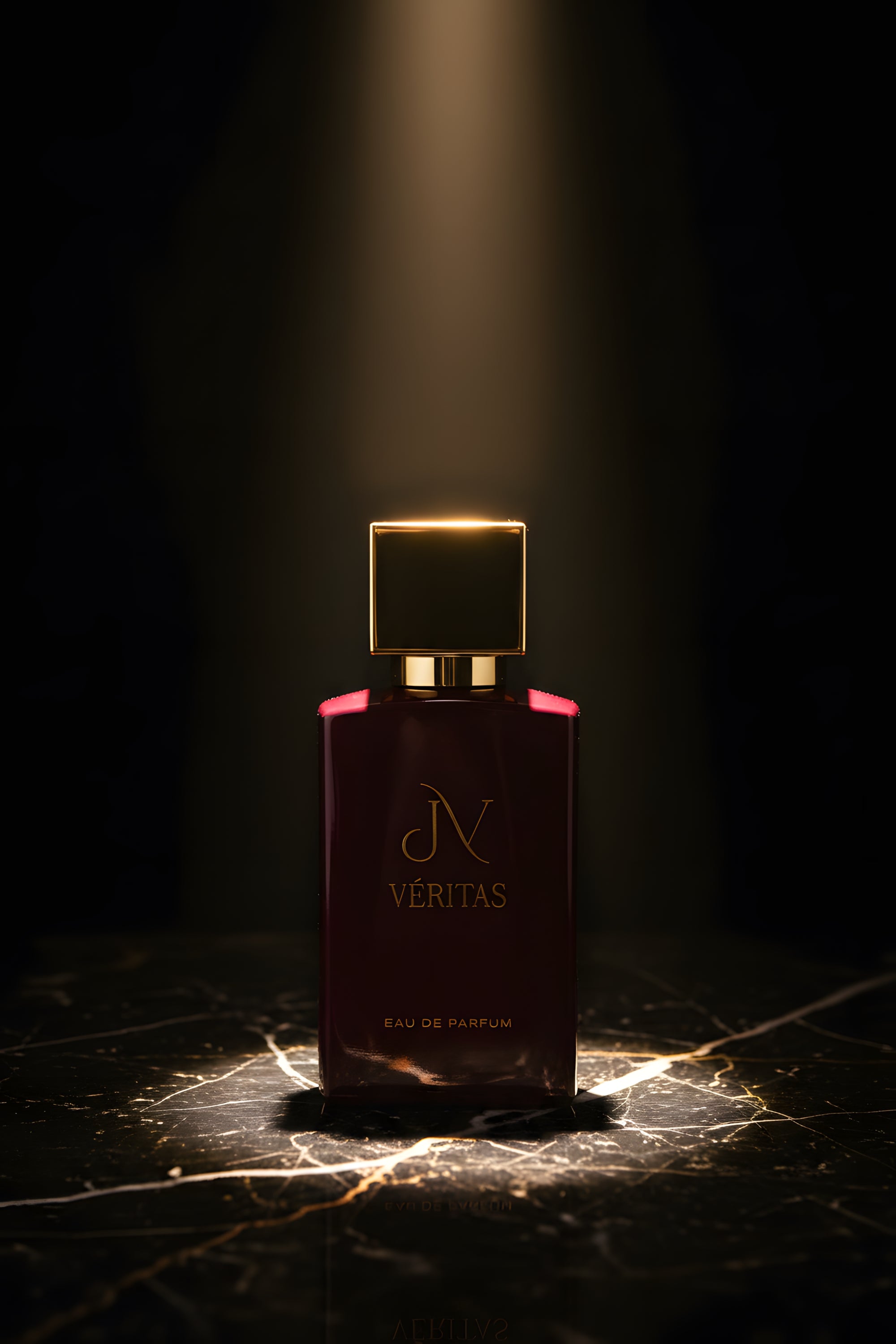 VÉRITAS Eau de Parfum von JV Luxury — cineastische Produktfotografie auf dunklem Marmor mit goldenem Licht