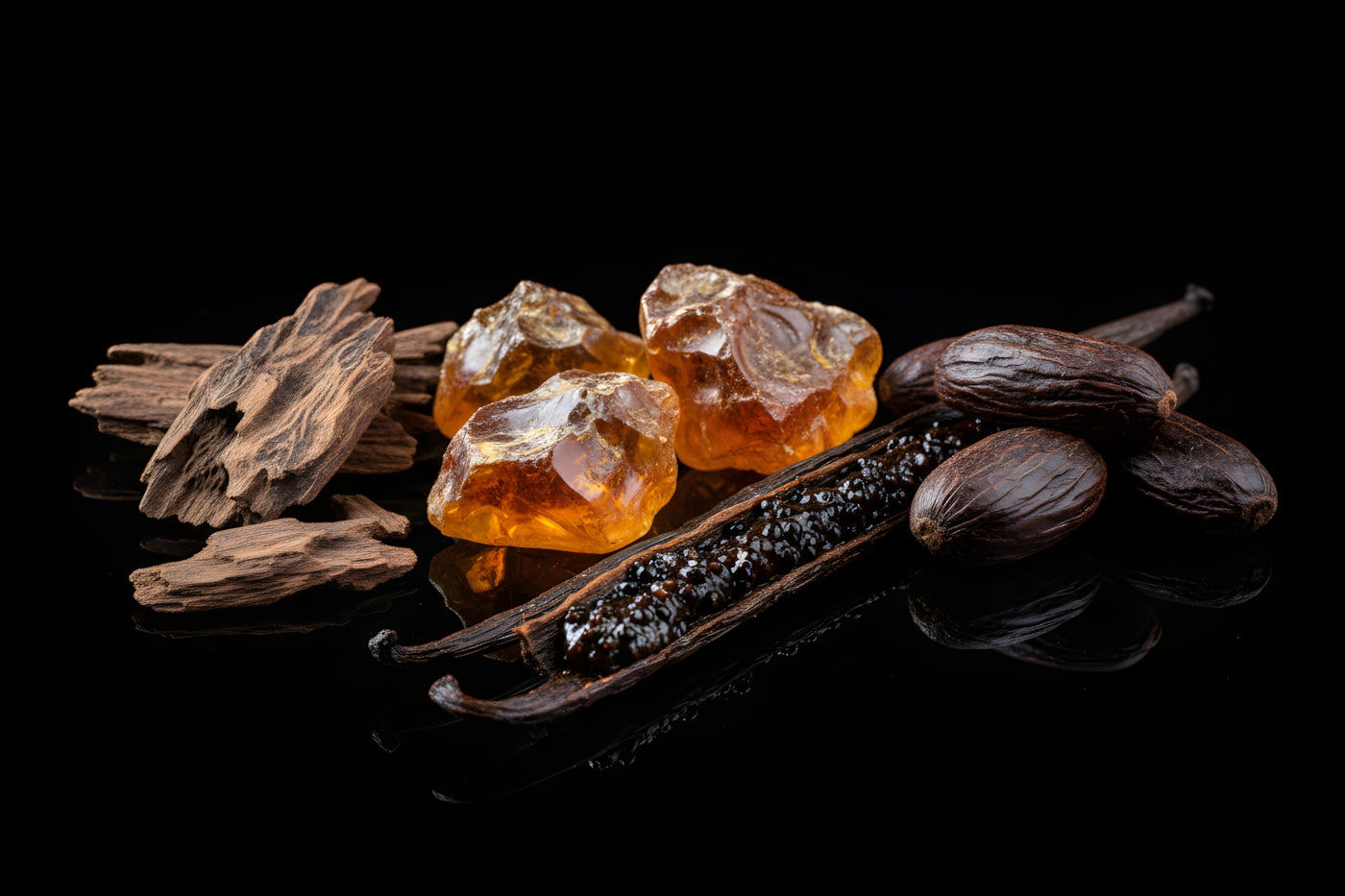 Amber resin, oud wood, tonka bean and vanilla pod on black reflective surface – base notes of VÉRITAS Eau de Parfum