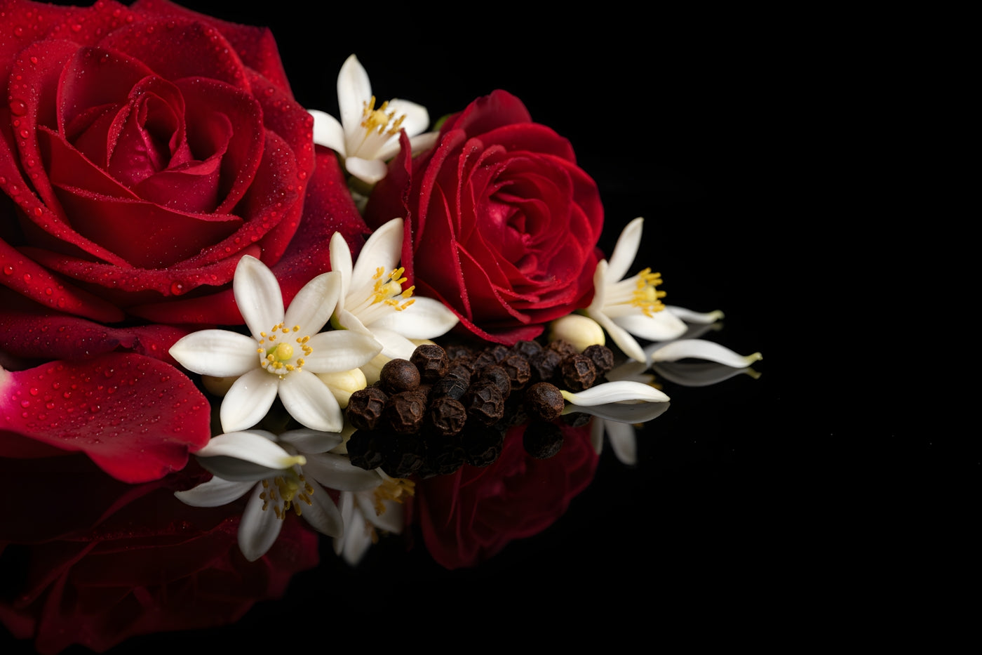 Bulgarian rose, black pepper and orange blossom on black reflective surface – heart notes of VÉRITAS Eau de Parfum