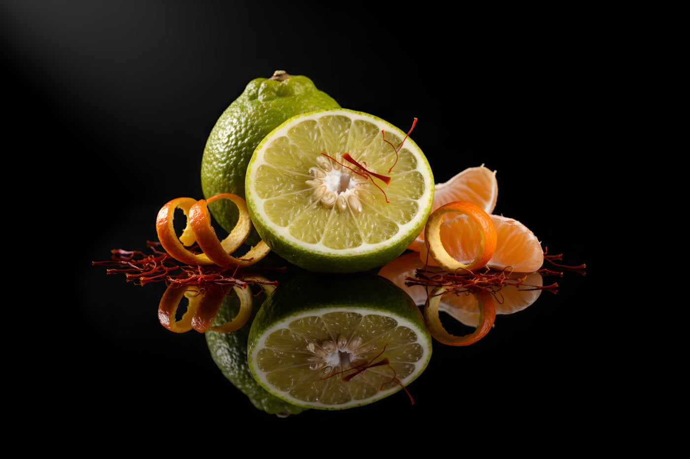 Bergamot, mandarin and saffron threads on black reflective surface – top notes of VÉRITAS Eau de Parfum